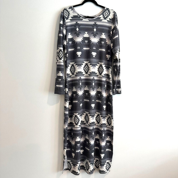 Wrangler Retro Aztec Maxi Dress Women Large Gray Flannel Long Sleeve Western New - Picture 1 of 6